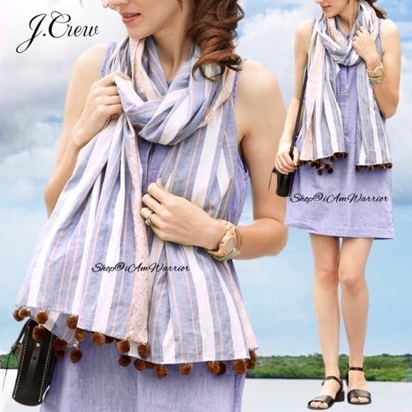 J.Crew striped patterned cotton pom pom long oversized scarf *shop@iamwarrior - Picture 1 of 11